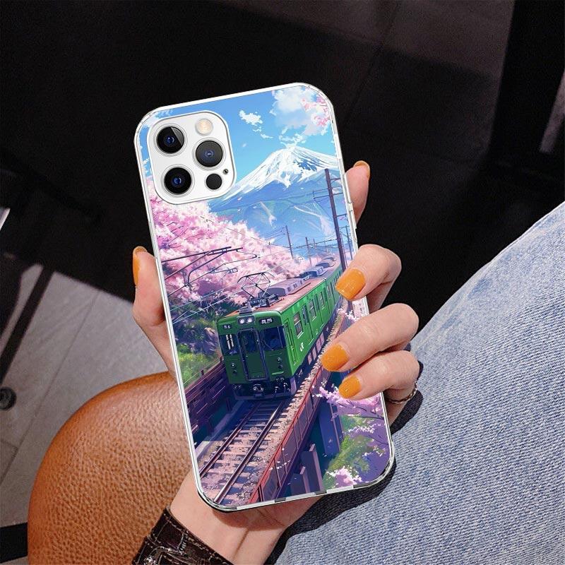 Retro Japanese Sakura Train Phone Case For iPhone 17 Air 16 Pro Max 16E 15 + 14 Plus 11 12 13 Mini 7 8 SE Gift Print Cover Funda