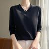 Women's Summer V-neck Seven-quarter Sleeve Solid Color Loose T-shirt Beautiful Commuter Tops