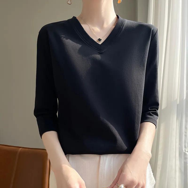 Women's Summer V-neck Seven-quarter Sleeve Solid Color Loose T-shirt Beautiful Commuter Tops