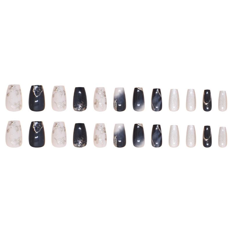 Fake nails simple wear nail peach blossom printing fake nails silver cat eye removable nail art pieces 24 pieces