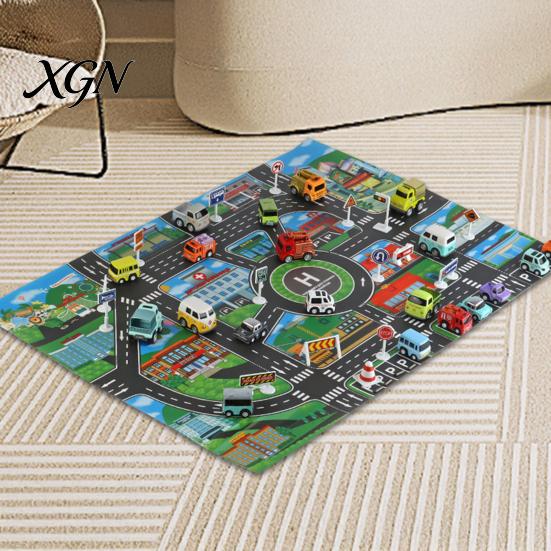 Family Game Room Floor Mat Kids City Life Play Mat, Educational PVC Road Traffic Carpet, Durable Indoor Non-slip Urban Parking Scene Area Rug