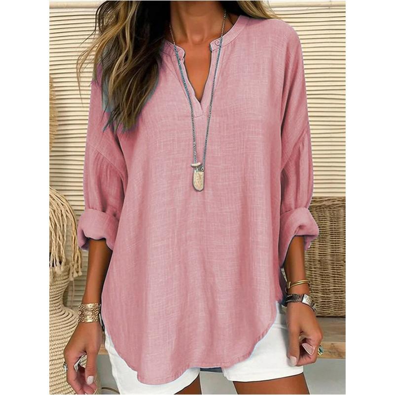 Women's Autumn and Winter V-neck Cotton and Linen Pure Plus Size Shirt
