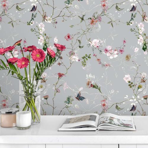 VEELIKE Floral Wallpaper Stickers, Japanese Style, Plum Blossoms and Butterflies, Gray, Remake Sheet, Cutting Sheet, Renovation, Interior Decor, Wallp