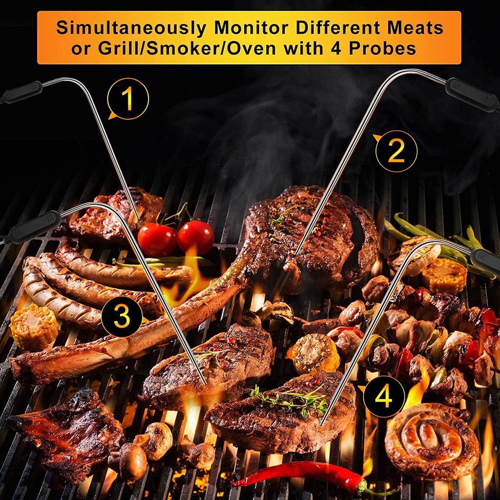 Bezdrátový masový teploměr pro grilování, uzení, BBQ, troubu, digitální kuchyňský teploměr na jídlo se 4 sondami, časovač, alarm, dárek, nový