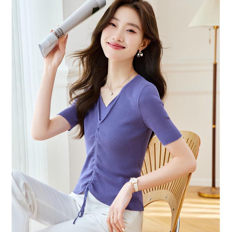 Srcr Women's Faux Two-Piece Silk Blend Short Sleeve Knit Top