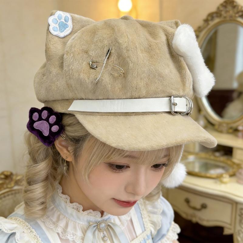 Bequemer achteckiger Hut für Damen Mädchen Katzenohren Barett Hut für Winter Herbst Anime Event 2000er Mode Kopfschmuck