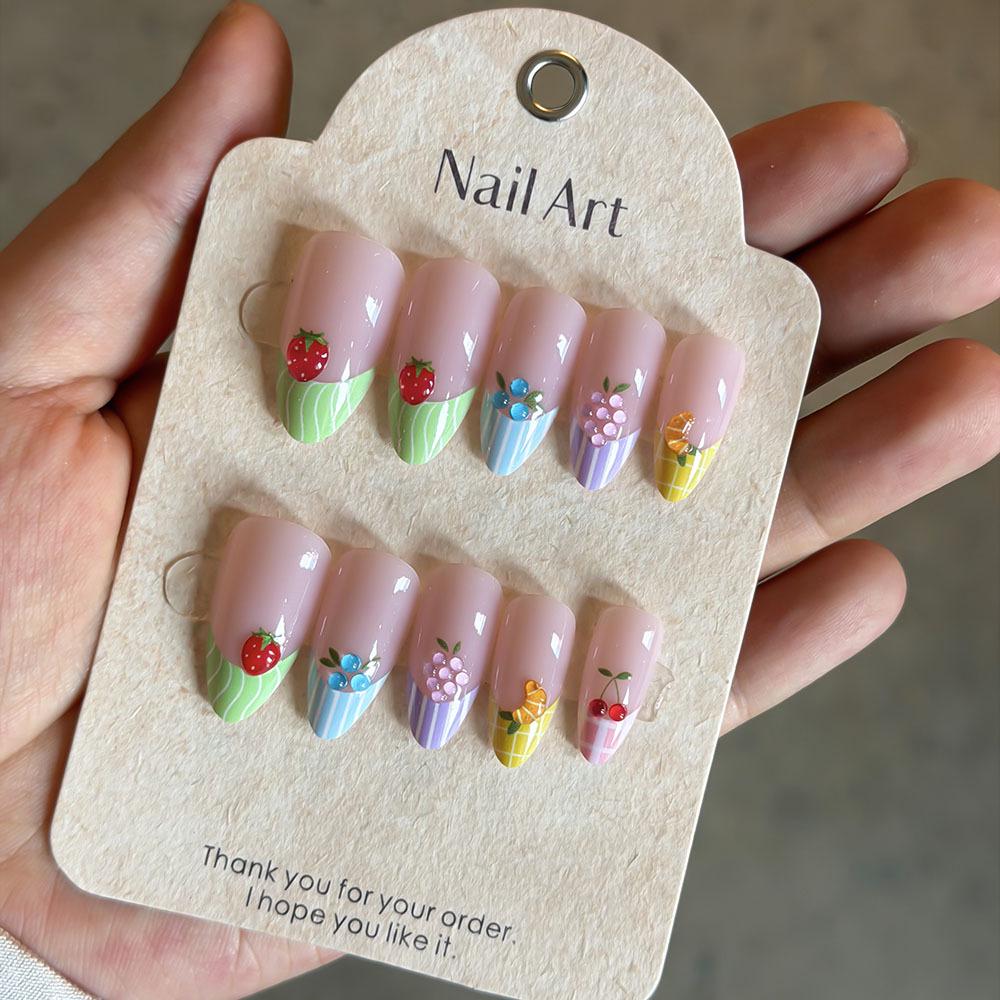 3D Summer Fruit Almond Fake Nails - Nude Color, Fresh European/American Style