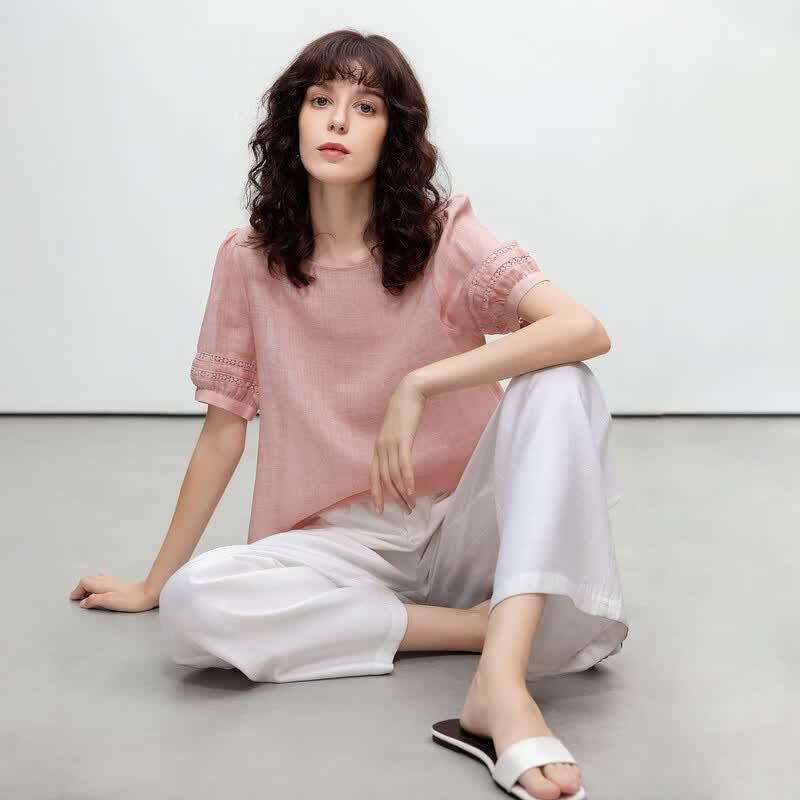 Demana Lyocell Ramie Lace Puff Sleeve Blouse M