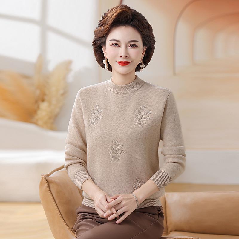 Fleece-Lined Knitted Sweater: Warm Winter Base Layer for Middle-Aged and Elderly Women