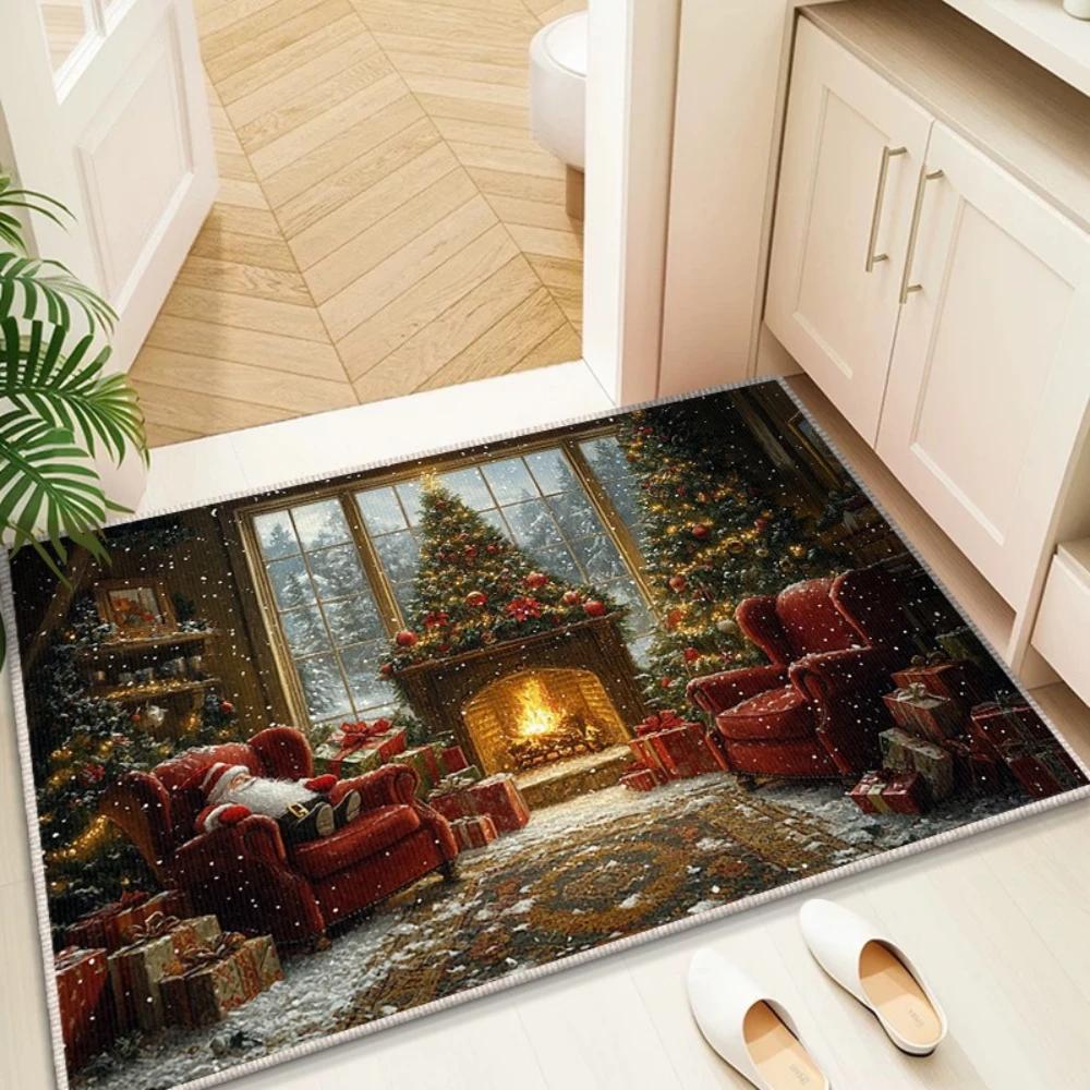 Weihnachtswichtel Schneemann Baum Muster Fußmatte Rosa und Blaue Farbgebung Rutschfeste Eingangsteppich für Wohnzimmer Schlafzimmer Dekoration