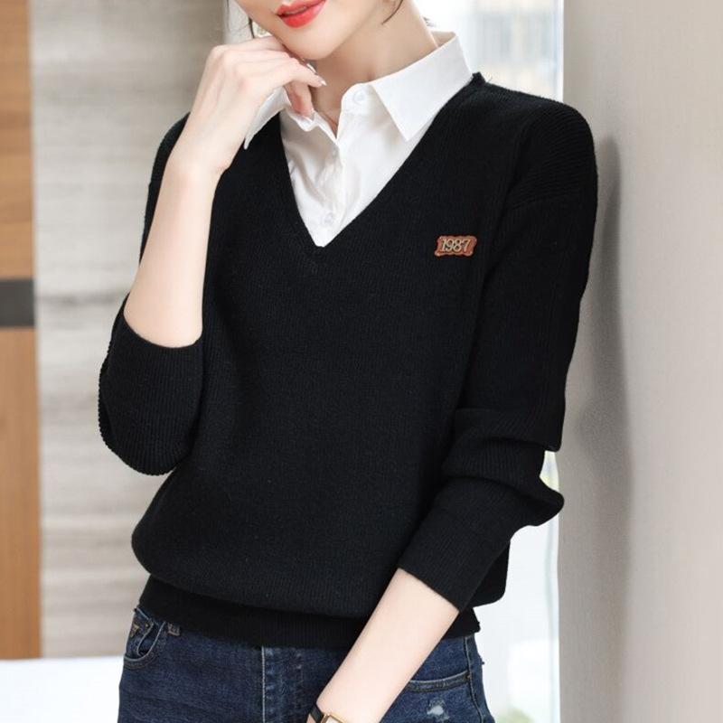 Fake Two Piece Knitted Sweater Tops Women Fashion Long Sleeve Plus Size Sweater Shirt Solid Base Pullovers