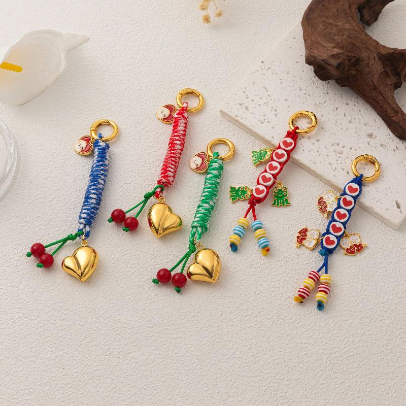 Trendy Love Cherry Keychain Ins Style Colorful Woven Rope Keyring Bag Charms Handbag Hanging Decoration Keycord Gifts