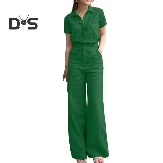 

2 шт./компл. женские брюки рубашка костюм лацкан короткий рукав однобортный широкий штанин свободный однотонный цвет карманы высокая талия леди топ брюки комплект XL зелёный