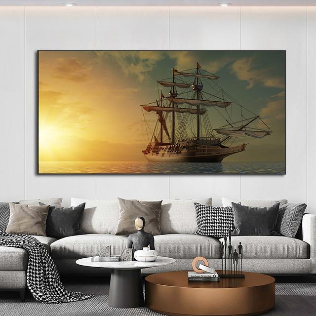 Landscape Pirates Ship Tropical Island Palm Tree Canvas Painting Posters and Prints Wall Art Pictures Living Room Decor No Frame