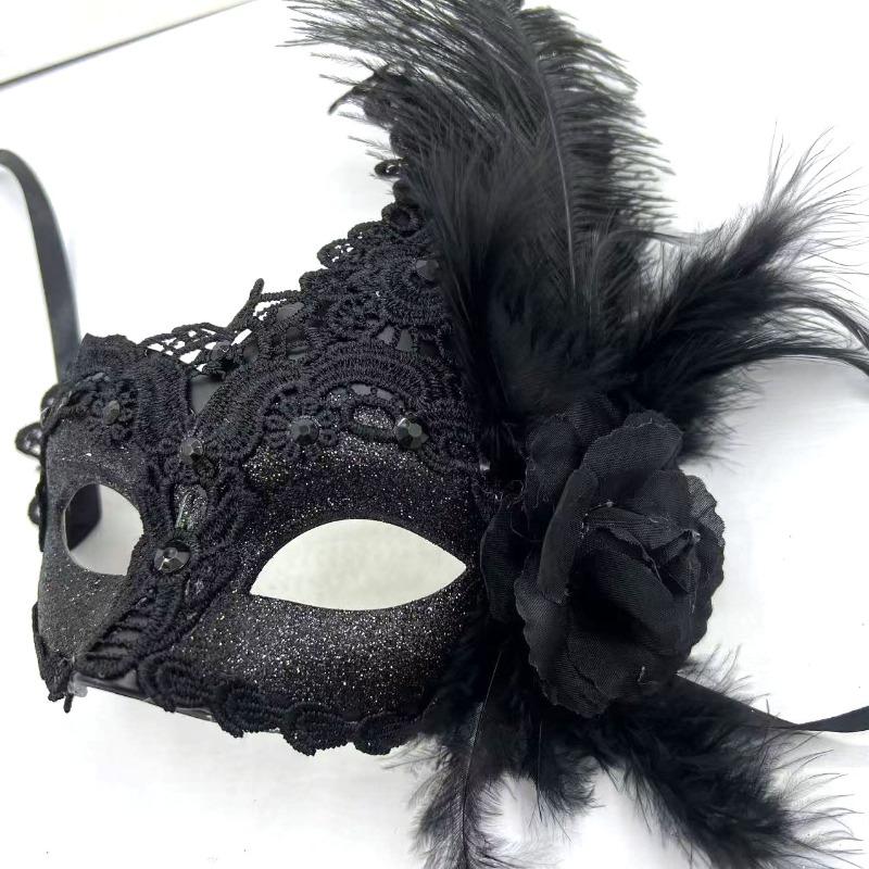 Maschera veneziana ad angolo in pizzo dipinto con diamanti, fiore laterale, piuma, ballo di Halloween, benda per travestimento