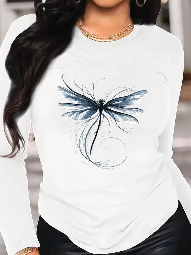 (Asian Size) T Shirt Tee Women Clothing Butterfly Cute Long Sleeve Print Autumn Winter Spring Casual Fashion Top O-neck Graphic T-shirts