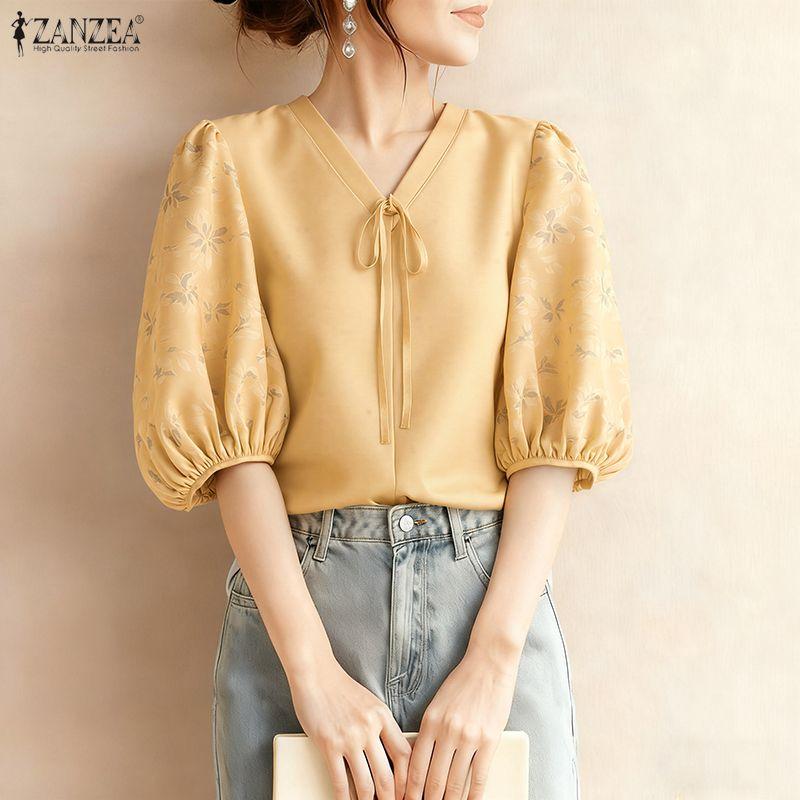 ZANZEA Women Casual V-Neck Loose Print Splice Half Sleeve Blouse
