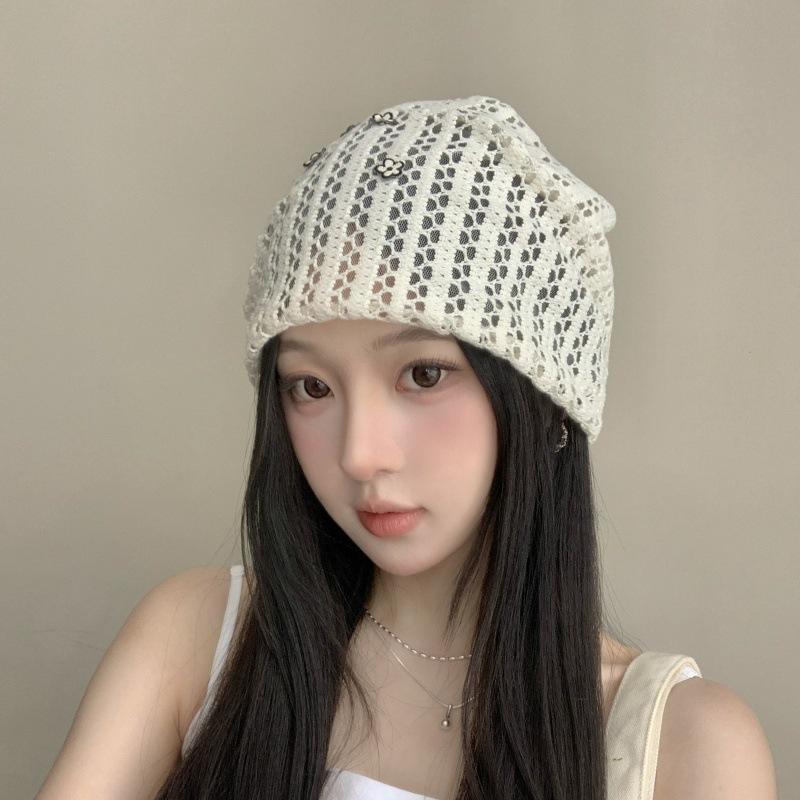 Women's Spring Summer 3D Lace Slouchy Hat Breathable Thin Hollowed-Out Head Covering Hat Street Versatile Niche Pull-On Hat