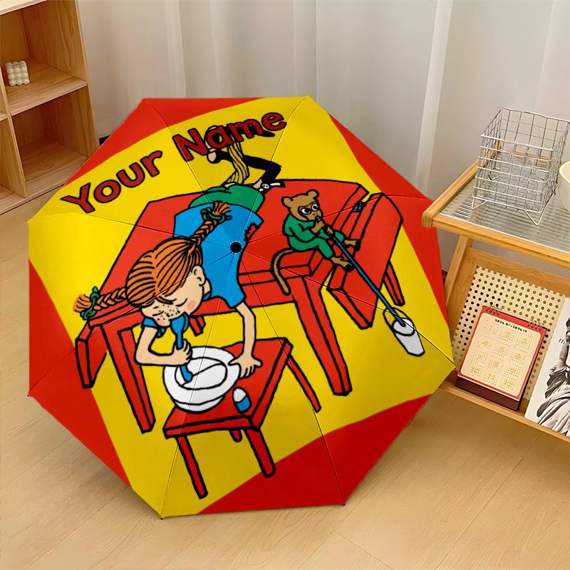 Custom Text Automatic 8 Bone Umbrella, Portable Sun Rain Protection UmbrellaPippi Longstocking