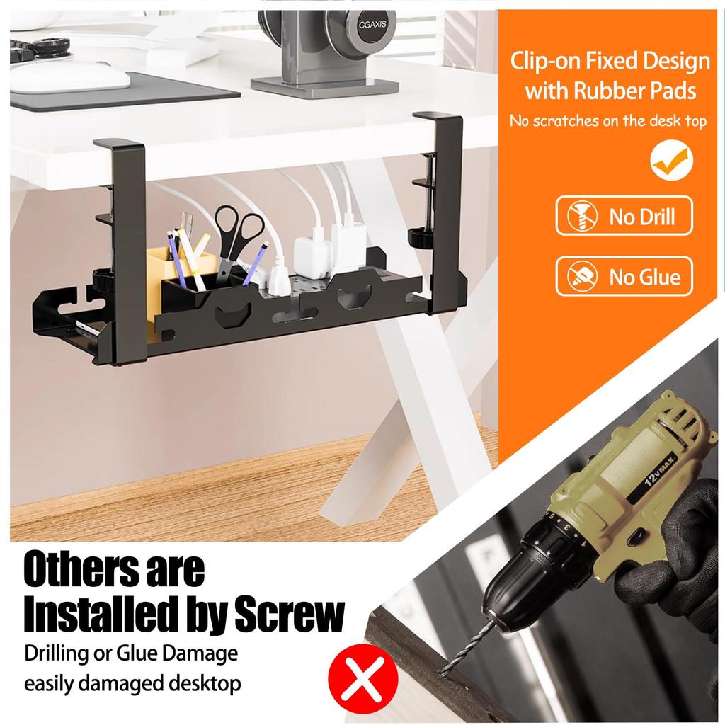 No Drill Sturdy Steel Under Desk Cable Management Tray Cord Hider Raceway Metal Cable Tray Strip Cord Holder for Wire Management