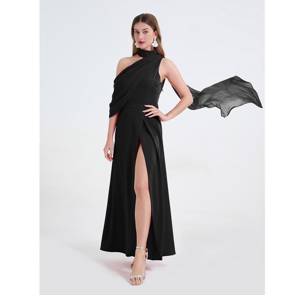 Sexy Off-the-Shoulder Patchwork Halter-Neck High-Waisted Slit Dress Women's Elegant and Flowing Slit Evening Gown Summer Dress