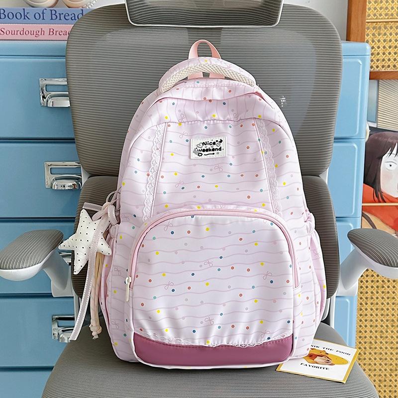 Schoolbag New Student School Bag Striped Polka Dot Casual Backpack Lightweight Large Capacity Backpack Outdoor Sports Travel Backpack
