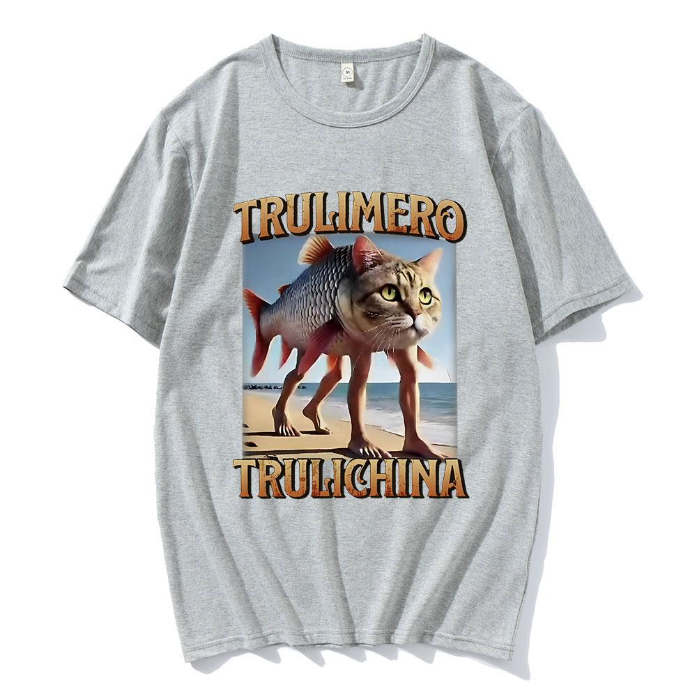 Trulimero Trulichina T-Shirt Lustige Katze Fisch Meme Italienisches Brainrot T-Shirt Männer Frauen Mode Vintage T-Shirts Lässiges Humor T-Shirt
