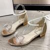 Fashion Bowtie Pearl Crystal Low Heel Sandals Women Gold Pearl Ankle Buckle PVC Sandals Plus Size Light Comfort Square Heels Sandals