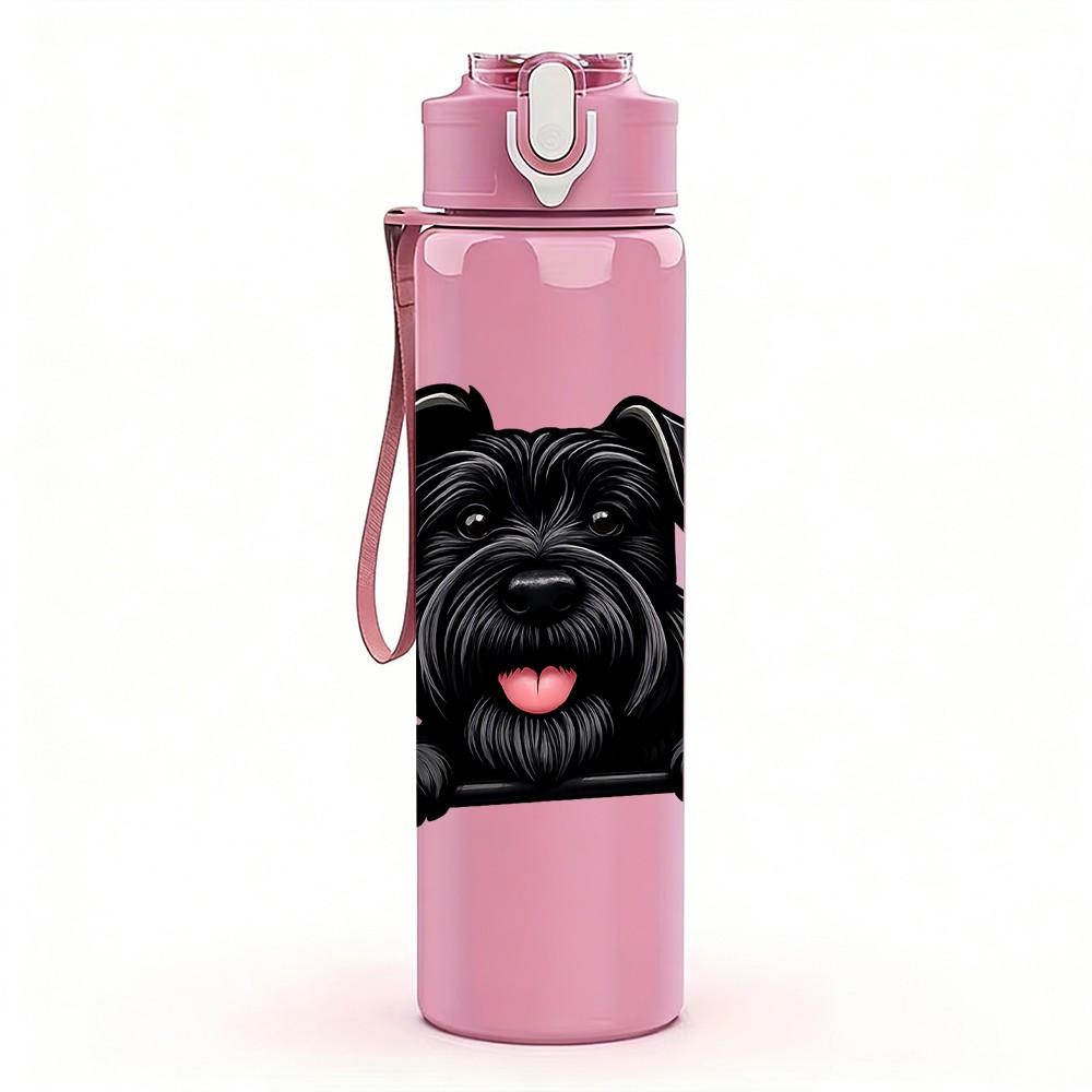 1PC Black Pug Dog Smiling Cartoon Print 750ml Color Plastic Sports Water Bottle Leakproof Flip Straw Lid Suitable for Sports Office Home Use