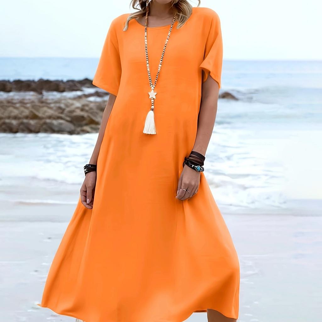 Ladies' Fashionable Vacation Solid Color Casual Round Neck Short Sleeved Loose Dress