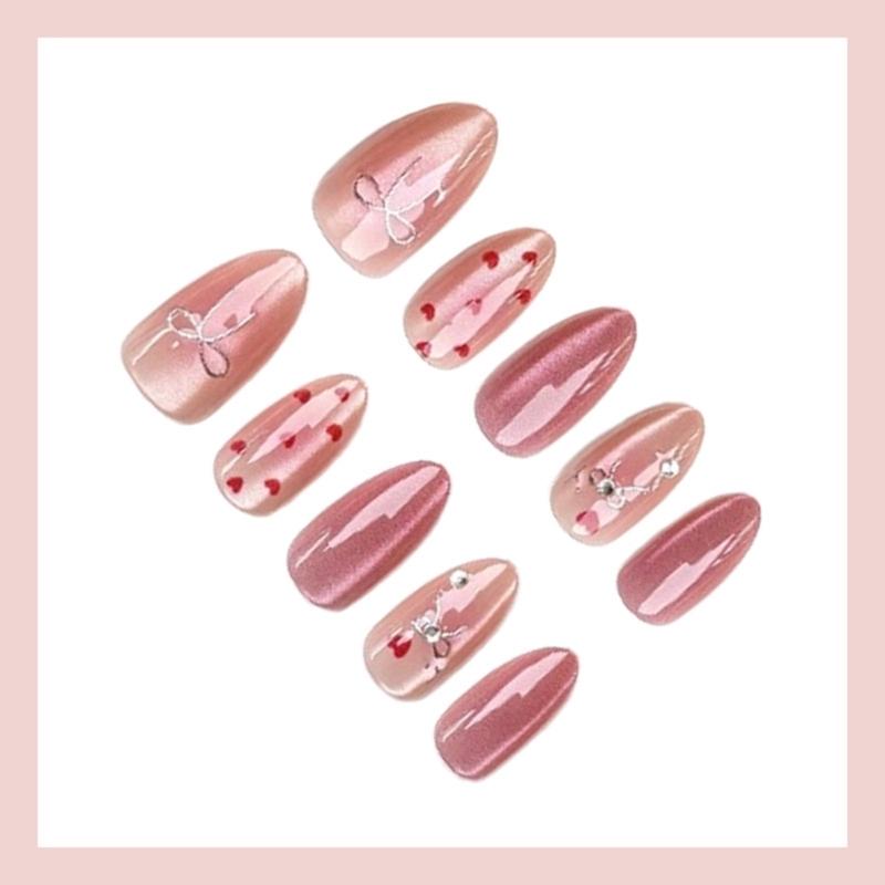 30Pcs Rhinestones Bows Press On Nail Short Almond Shape With Metallic Cats Eye Effect