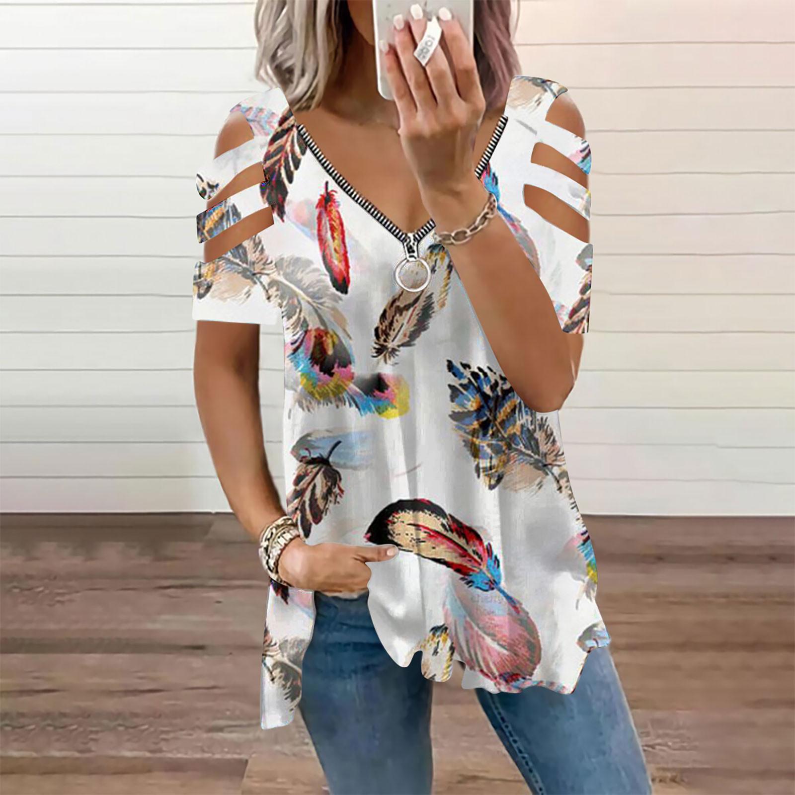 

Women s Fashion Casual V-Neck Zipper Printed Off-Shoulder Short-Sleeved T-Shirt Top XXXL