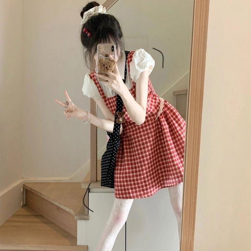 French College Style Red Plaid Dress Children's Summer New Small Fake Two-piece Temperament Skirt