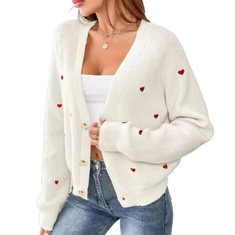 Love embroidered knitted sweater jacket, European, American autumn and winter single-breasted V-neck sweater cardigan for women