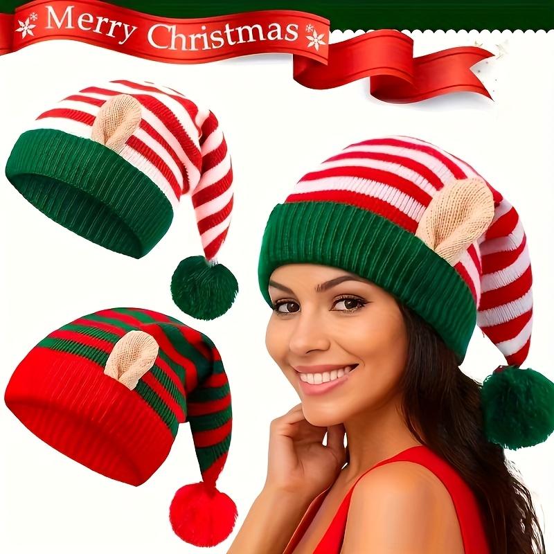 Winter Christmas Hat with Ears & Pom-Pom - Thick Warm Beanie, Red & Green Striped Holiday Party Hat with Pompom Tip