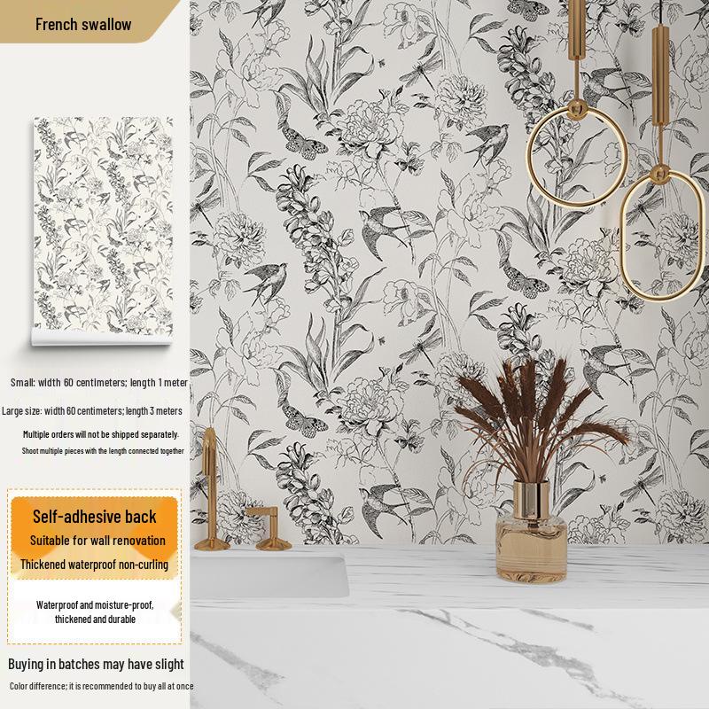 Papier Peint Adhésif Imperméable Croquis Hirondelle Rétro Français pour Carrelage de Salle de Bain