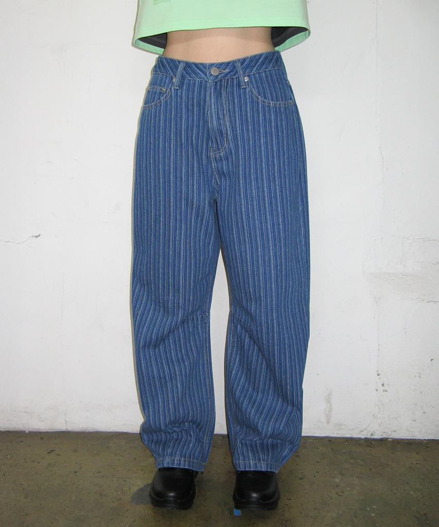 RONRON Stripe Denim Wide Pants Medium Blue