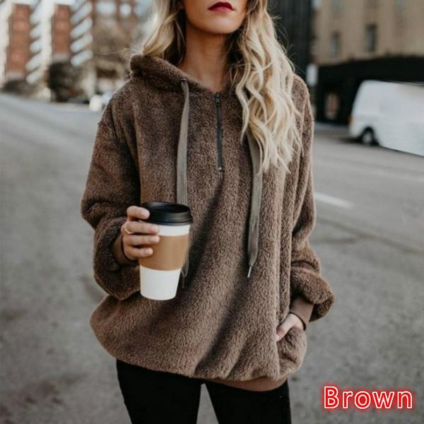 Women Sweaters Fleece Zipper Hooded Pullover Casual Solid Color Ladies Tops Long Sleeves Loose Plush Sweater