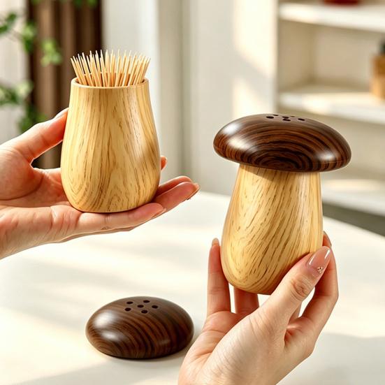 Wood Grain Mushroom Toothpick Box with Dust-proof Lid Vintage Toothpick Holder Dispenser Organizer Container for Home Office Restaurant