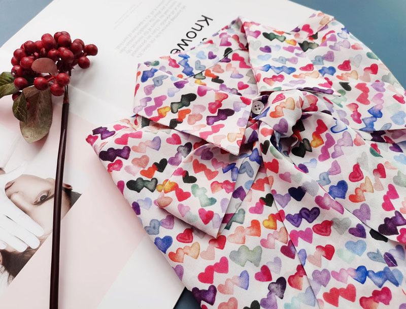 Clearance Women's Silk Long-Sleeve Shirt with Colorful Heart Print & Removable Bow