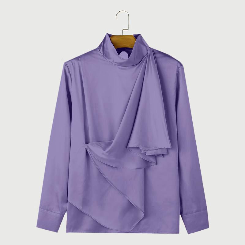 INCERUN Men Mockneck Long Sleeve Layers Irregular Ruffled Satin Shirts