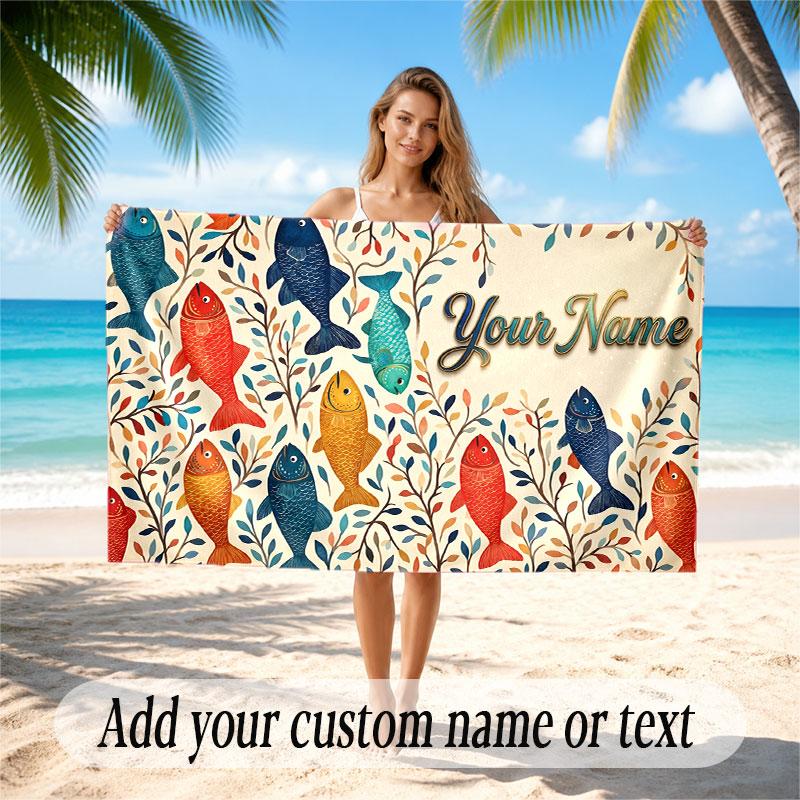 Fish Ocean Theme Beach Towel Personalized Custom Name & Text Soft Quick Dry Beach Towel for Swimming Travel