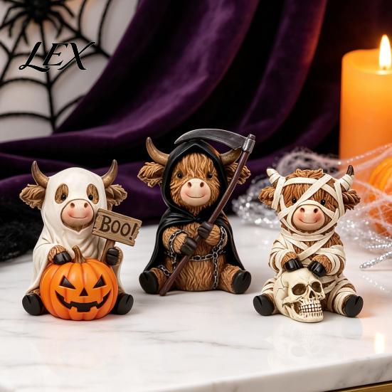 Gothic Style Gift for Lovers 3Pcs Halloween Highland Cow Figurines, Resin Cattle Statues of Grim Reaper, Desk Ornament Bookshelf Mummy & Ghost,