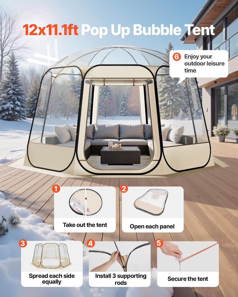 VEVOR Pop up Bubble Tent, 3.36 x 3.45 m Waterproof & UV-Resistant, Clear Camping Tent Shelter, Outdoor Garden Dome Igloo Tents with Windows