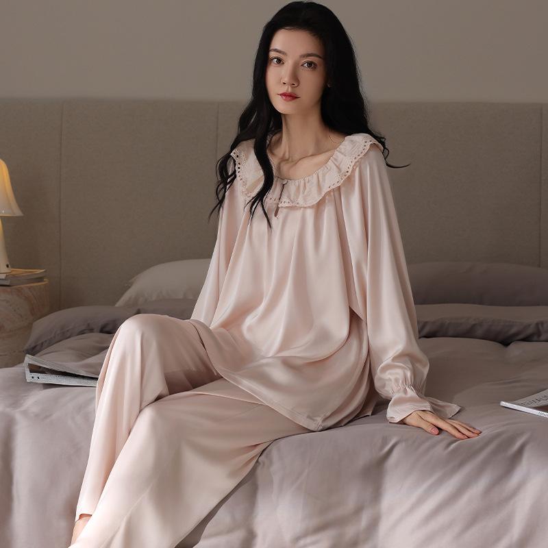 

Spring and autumn new simulated silk pajamas women s thin high-end long-sleeved ice silk loungewear can be worn outside the suit 3xl recommended 80-90kg