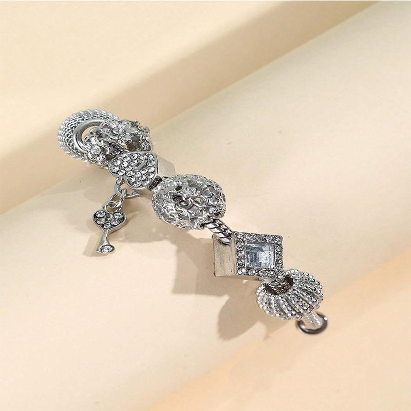 Adjustable Heart Key Bead Bracelet DIY Alloy Charm with Sparkling Rhinestone Jewelry