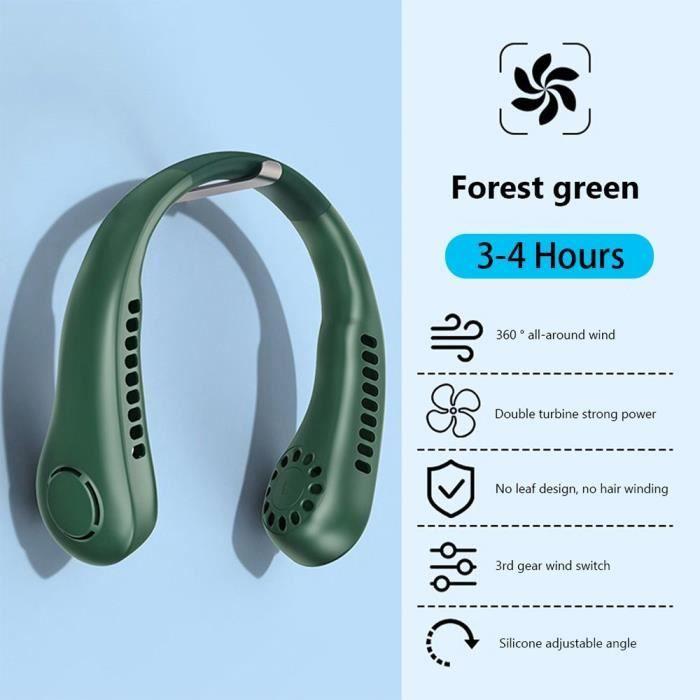 Silent Neck Fan - BOOLING - Mini Portable Rechargeable 4000 mAh - 3 Speeds - Green