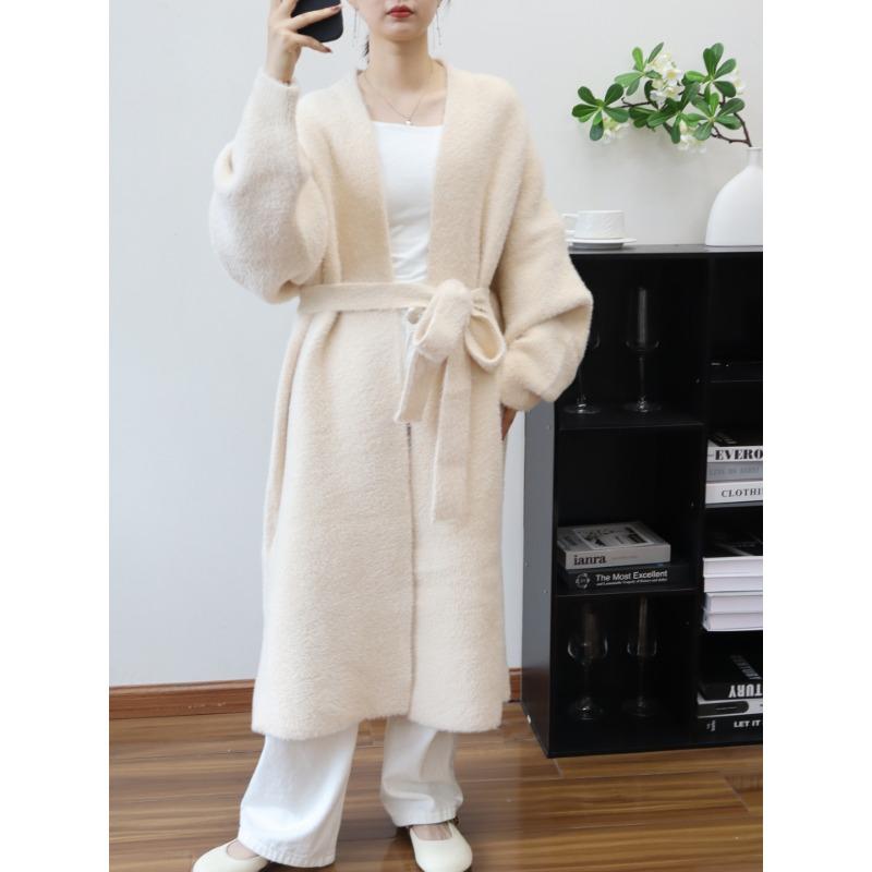 Imitation mink velvet lazy wind sweater jacket women's long autumn and winter new belt temperament knitted cardigan