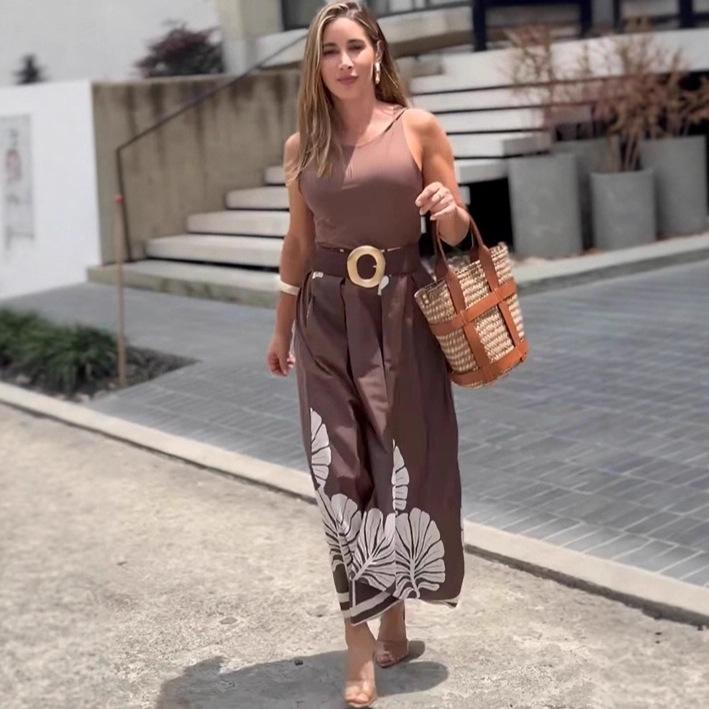 2025 Stylish High-Waisted Vacation Skirt with European & American Printed Pattern L каштановый