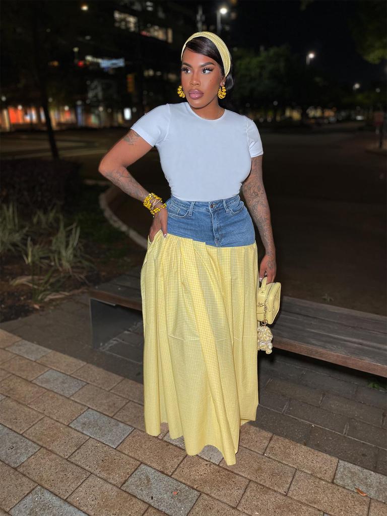 TW738 European & American Cute Fashion Spicy Girl High-Waisted Plaid Denim Patchwork Skirt